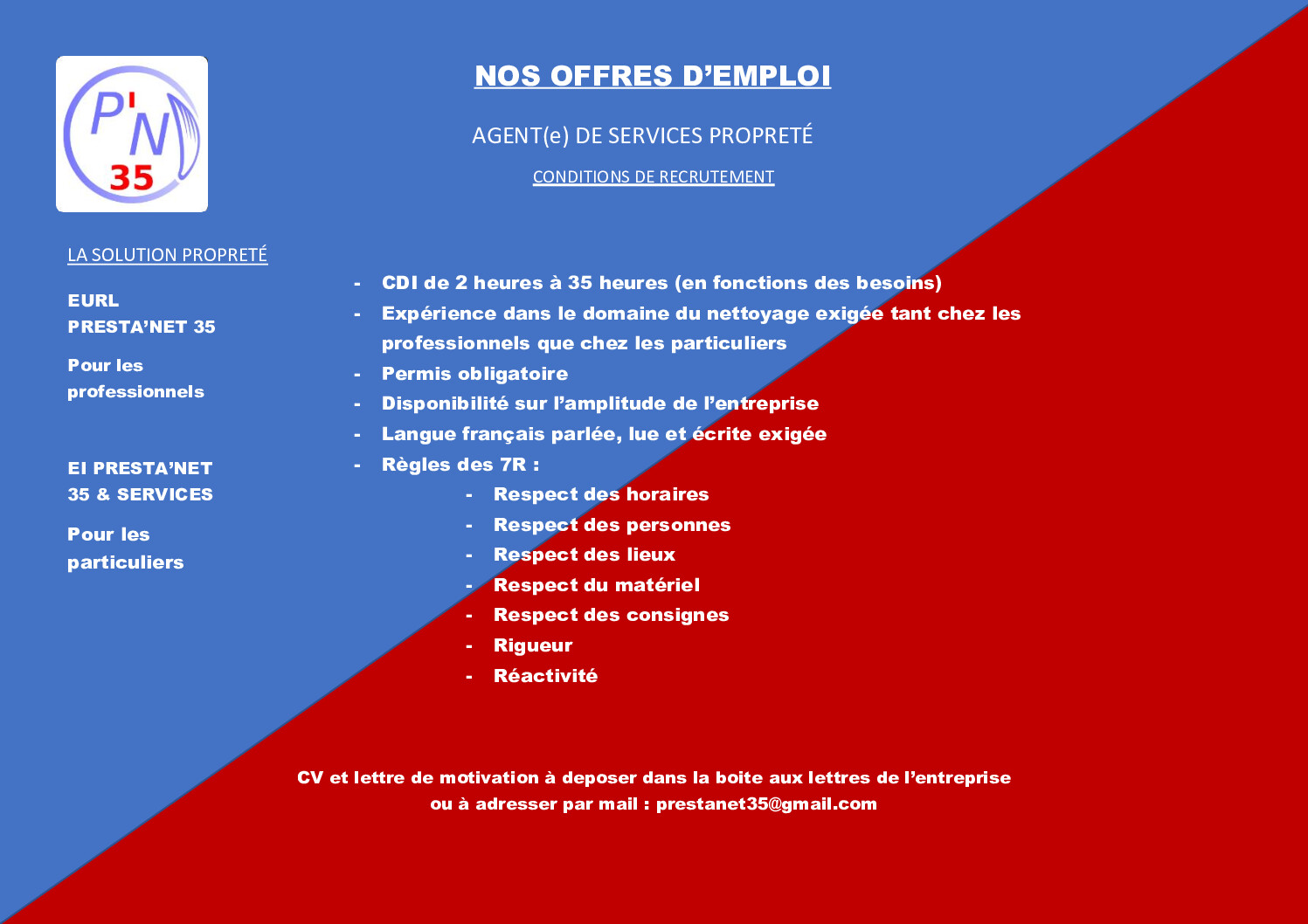 Presta Net 35 ENTREPRISE DE NETTOYAGE BREAL SOUS MONTFORT Fiche Recrutement 1